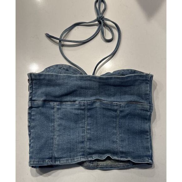 Tiger Mist Denim Halter Crop Top Size XS Cut Out - Picture 5 of 9